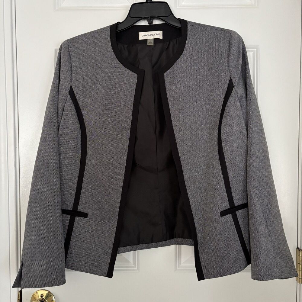 Evan Picone Grey Coasts Blazer Women's Size 12 Herringbone Collarless Career
